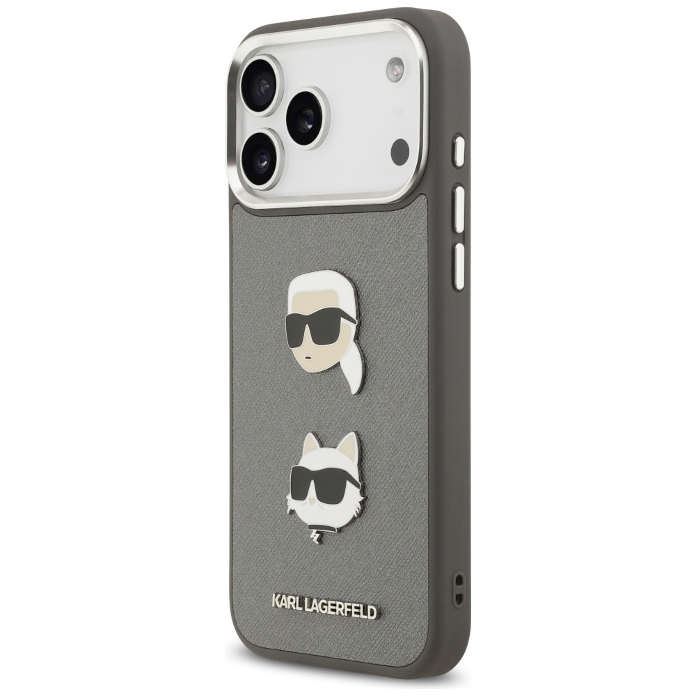 Ovitek za Apple iPhone 17 Pro Max, Karl Lagerfeld, Grained Karl & Choupette's Heads Pins and Logo, Siv