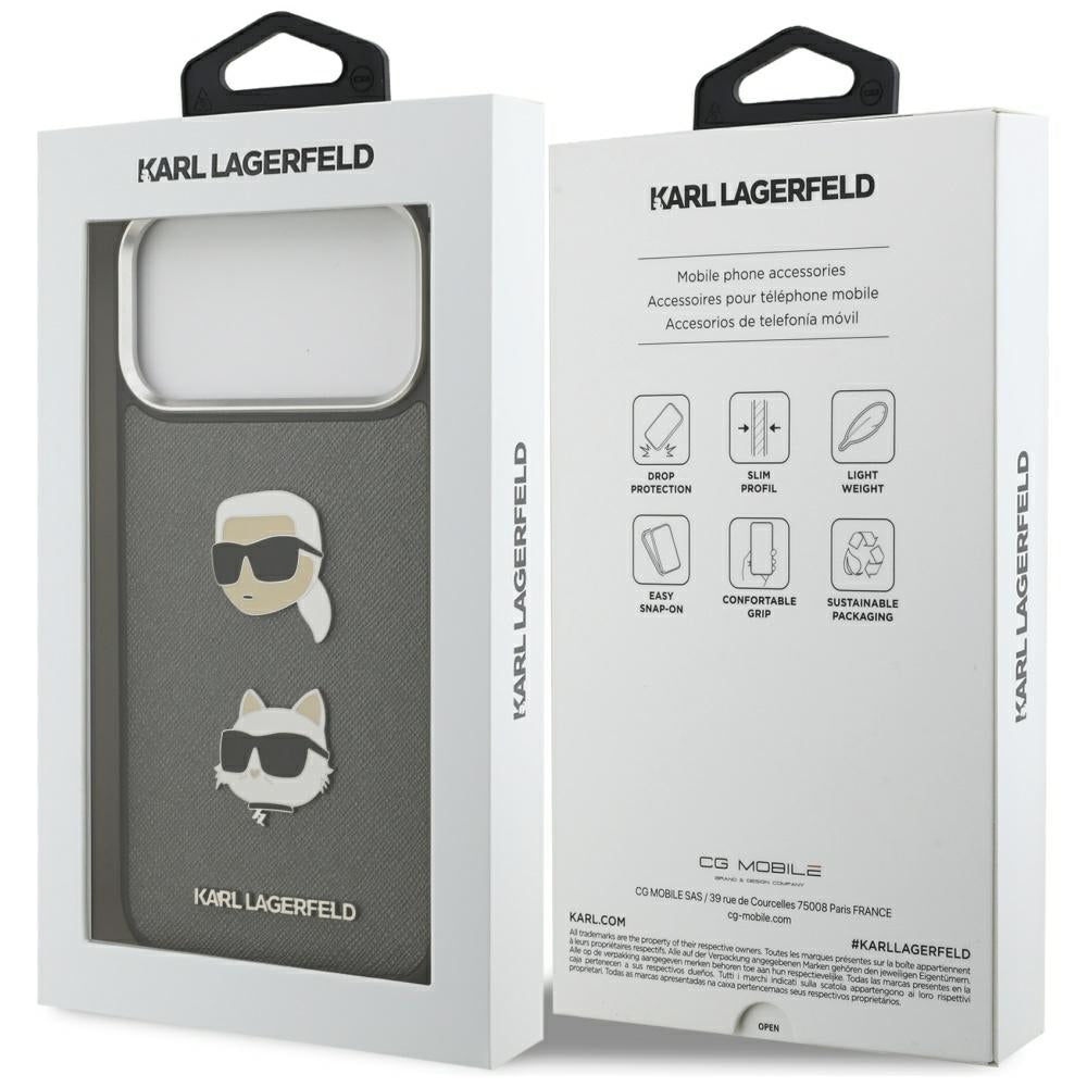 Ovitek za Apple iPhone 17 Pro Max, Karl Lagerfeld, Grained Karl & Choupette's Heads Pins and Logo, Siv