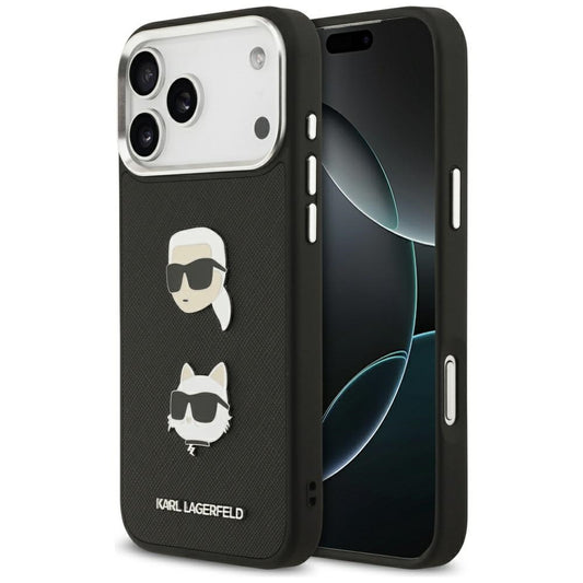 Ovitek za Apple iPhone 17 Pro Max, Karl Lagerfeld, Grained Karl & Choupette's Heads Pins and Logo, črn