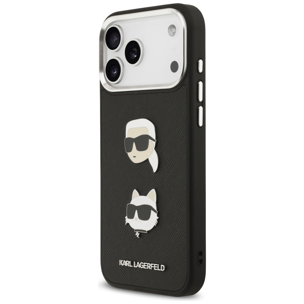 Ovitek za Apple iPhone 17 Pro Max, Karl Lagerfeld, Grained Karl & Choupette's Heads Pins and Logo, črn