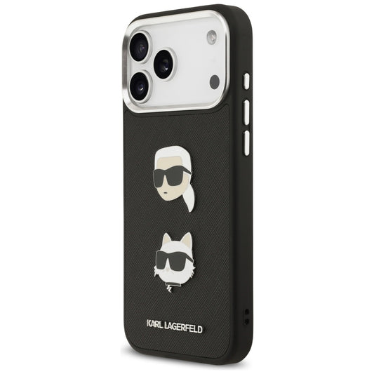 Ovitek za Apple iPhone 17 Pro Max, Karl Lagerfeld, Grained Karl & Choupette's Heads Pins and Logo, črn