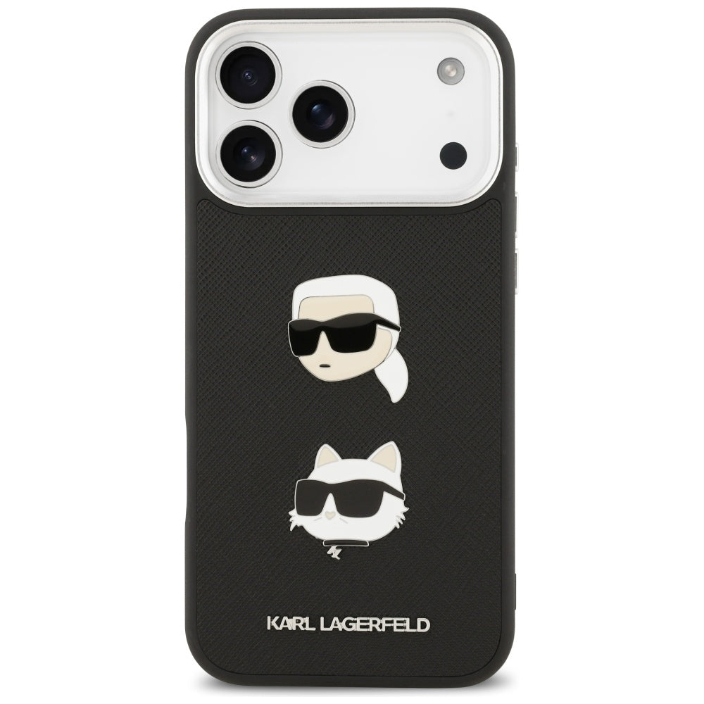 Ovitek za Apple iPhone 17 Pro Max, Karl Lagerfeld, Grained Karl & Choupette's Heads Pins and Logo, črn