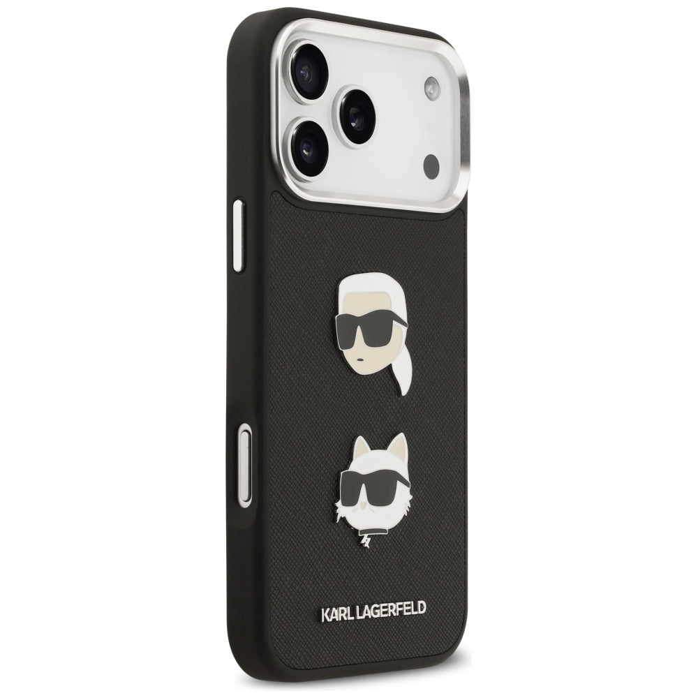 Ovitek za Apple iPhone 17 Pro Max, Karl Lagerfeld, Grained Karl & Choupette's Heads Pins and Logo, črn