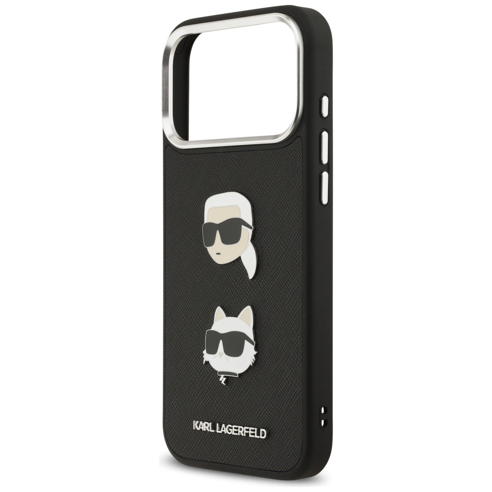 Ovitek za Apple iPhone 17 Pro Max, Karl Lagerfeld, Grained Karl & Choupette's Heads Pins and Logo, črn