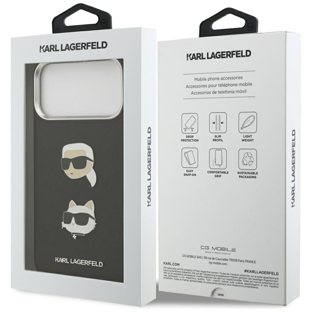 Ovitek za Apple iPhone 17 Pro Max, Karl Lagerfeld, Grained Karl & Choupette's Heads Pins and Logo, črn