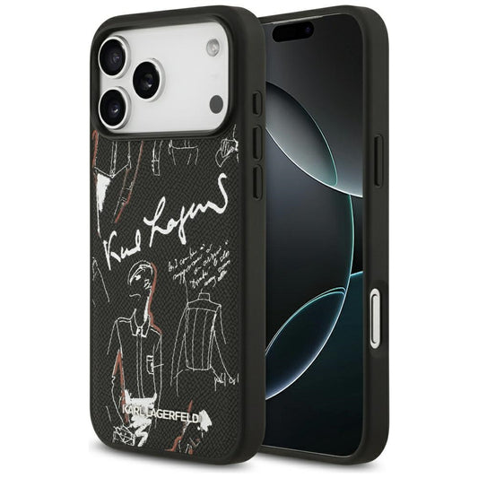 Ovitek za Apple iPhone 17 Pro Max, Karl Lagerfeld, vzorec z zrnatim logotipom, črn