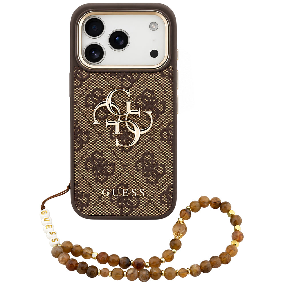 Ovitek za Apple iPhone 18 Pro / 17 Pro, Guess, 4G Classic Logo with Strap, zlato rjave barve