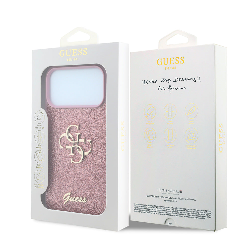Ovitek za Apple iPhone 18 Pro / 17 Pro, Guess, Fixed Glitter Big 4G, roza