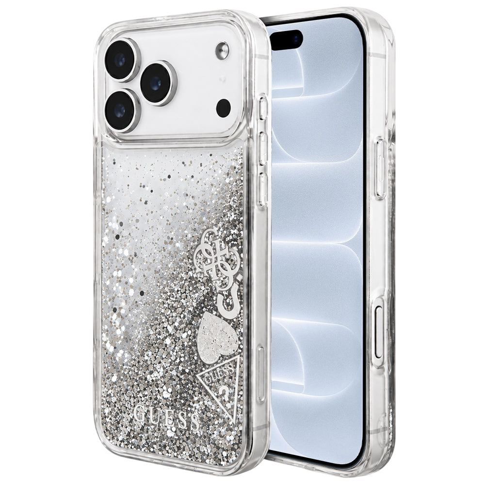 Ovitek za Apple iPhone 18 Pro / 17 Pro, Guess, Liquid Glitter Charms, srebrn