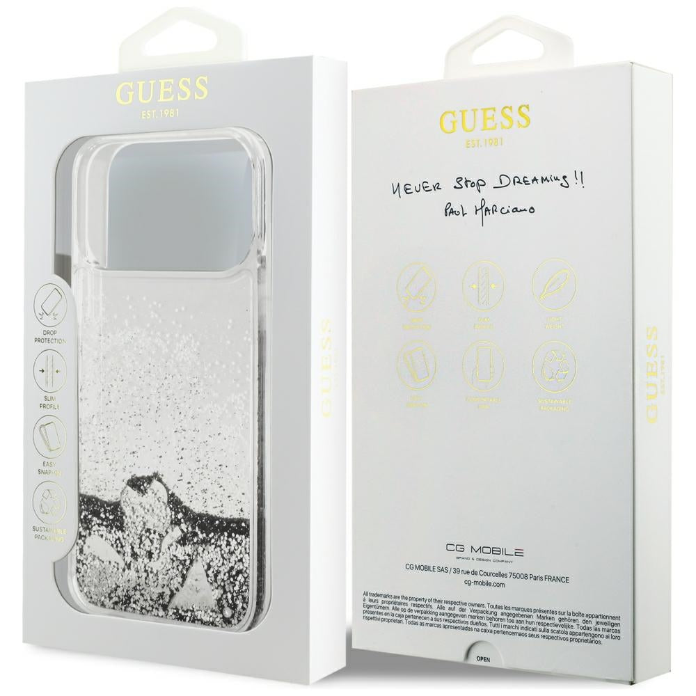 Ovitek za Apple iPhone 18 Pro / 17 Pro, Guess, Liquid Glitter Charms, srebrn