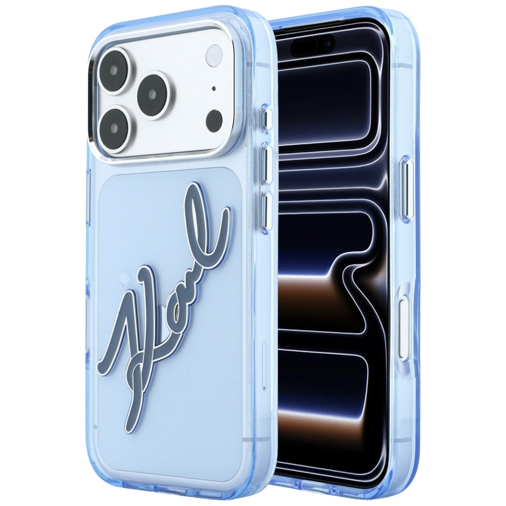 Ovitek za Apple iPhone 18 Pro / 17 Pro, Karl Lagerfeld, IML Velik podpis iz smole in kovinskega okvirja, modra