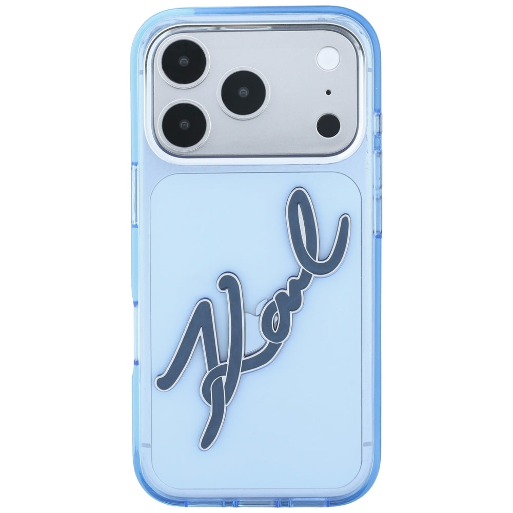 Ovitek za Apple iPhone 18 Pro / 17 Pro, Karl Lagerfeld, IML Velik podpis iz smole in kovinskega okvirja, modra