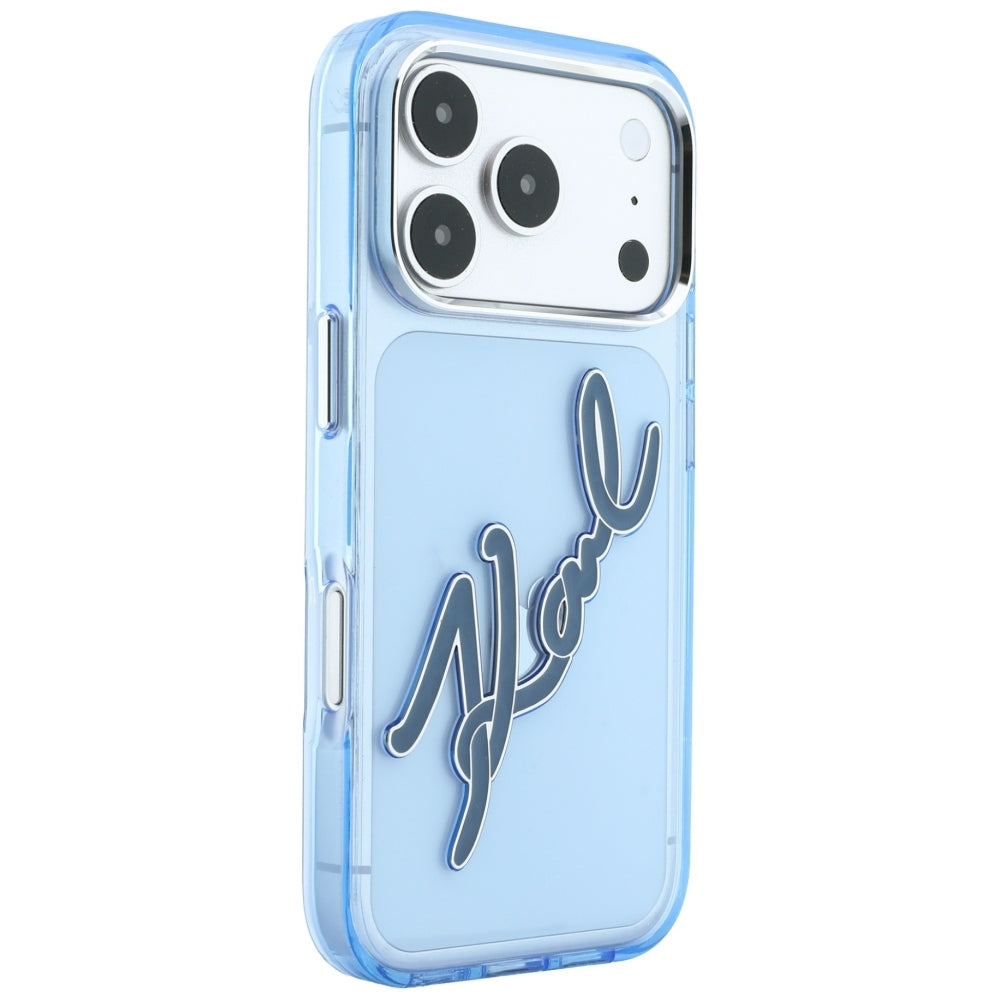 Ovitek za Apple iPhone 18 Pro / 17 Pro, Karl Lagerfeld, IML Velik podpis iz smole in kovinskega okvirja, modra