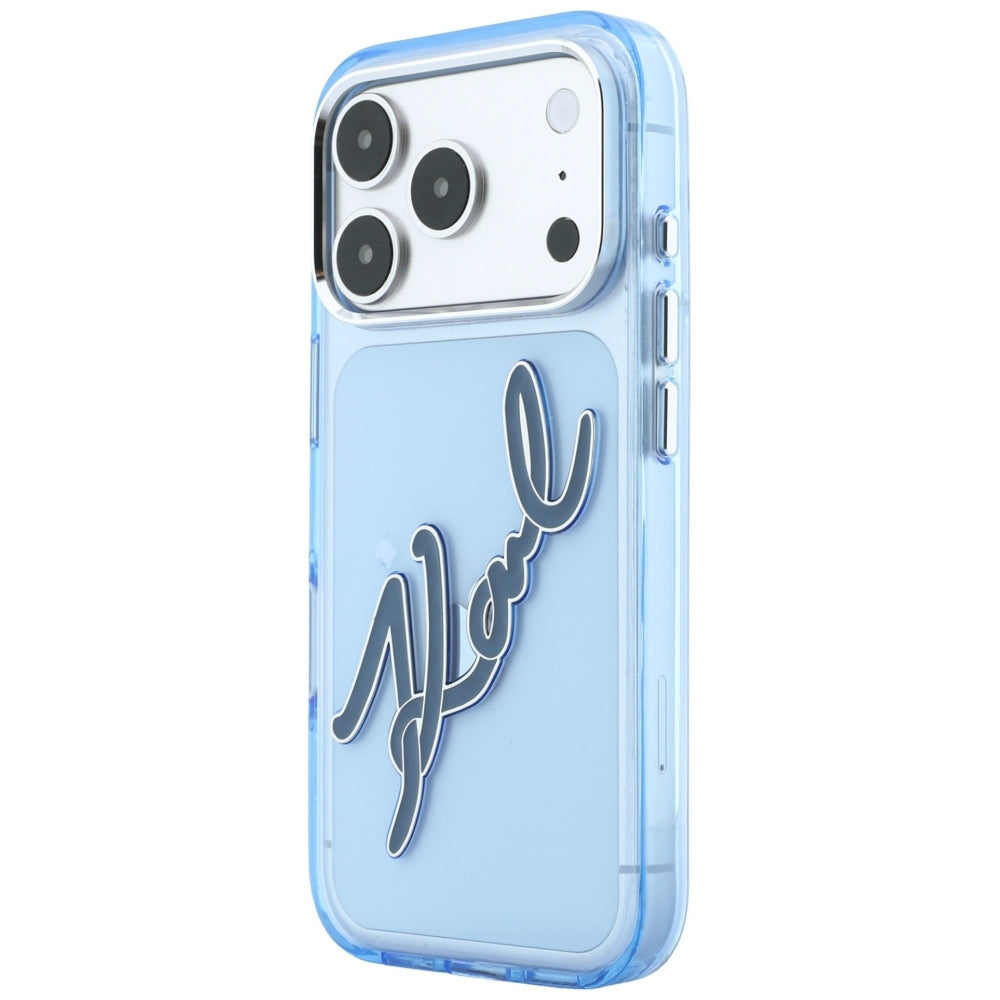 Ovitek za Apple iPhone 18 Pro / 17 Pro, Karl Lagerfeld, IML Velik podpis iz smole in kovinskega okvirja, modra