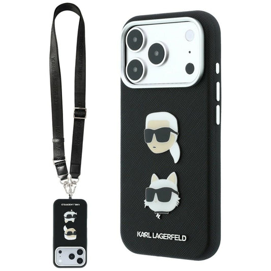 Ovitek za Apple iPhone 18 Pro / 17 Pro, Karl Lagerfeld, Saffiano Crossbody Karl & Choupette Head's Pins Logo, črnega