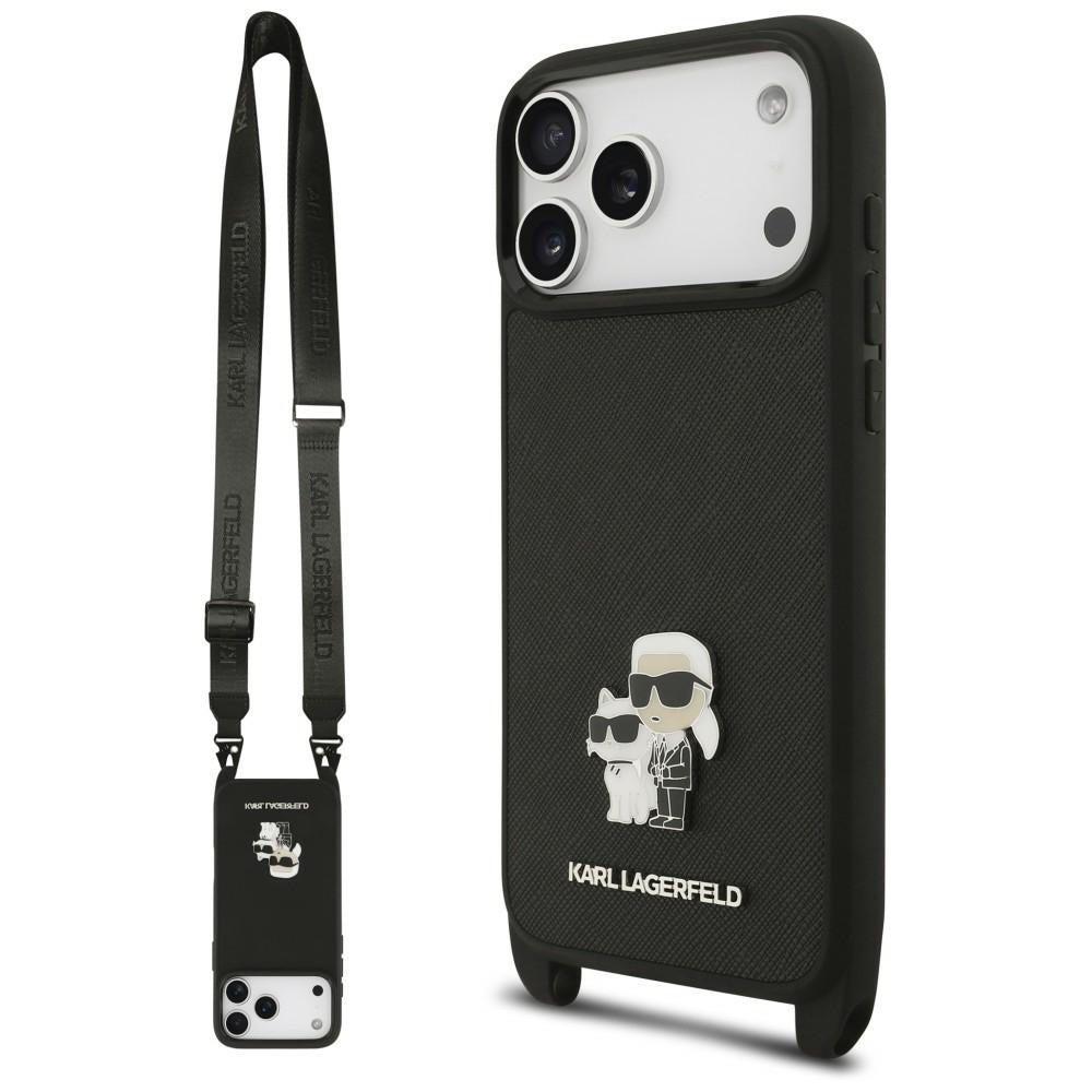 Ovitek za Apple iPhone 18 Pro / 17 Pro, Karl Lagerfeld, Saffiano Crossbody Metal Pin Karl & Choupette, črn