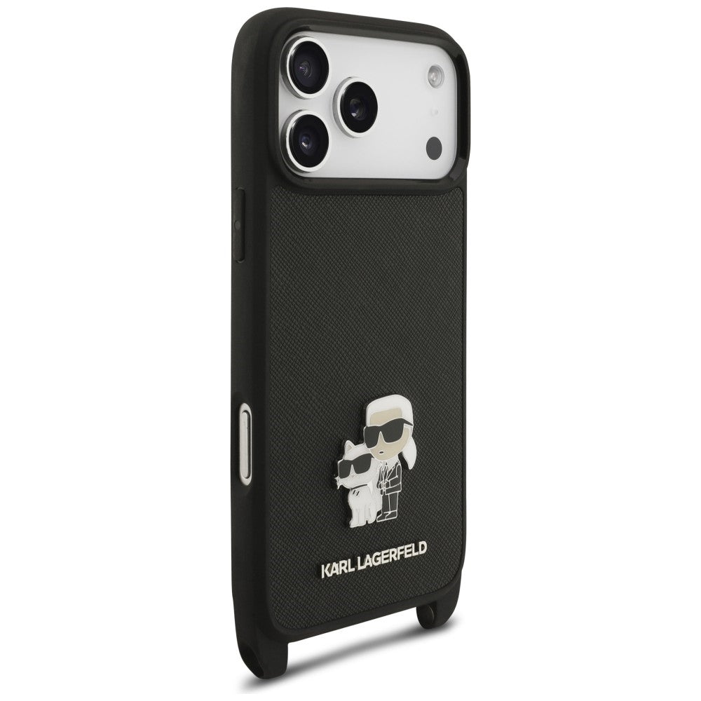 Ovitek za Apple iPhone 18 Pro / 17 Pro, Karl Lagerfeld, Saffiano Crossbody Metal Pin Karl & Choupette, črn