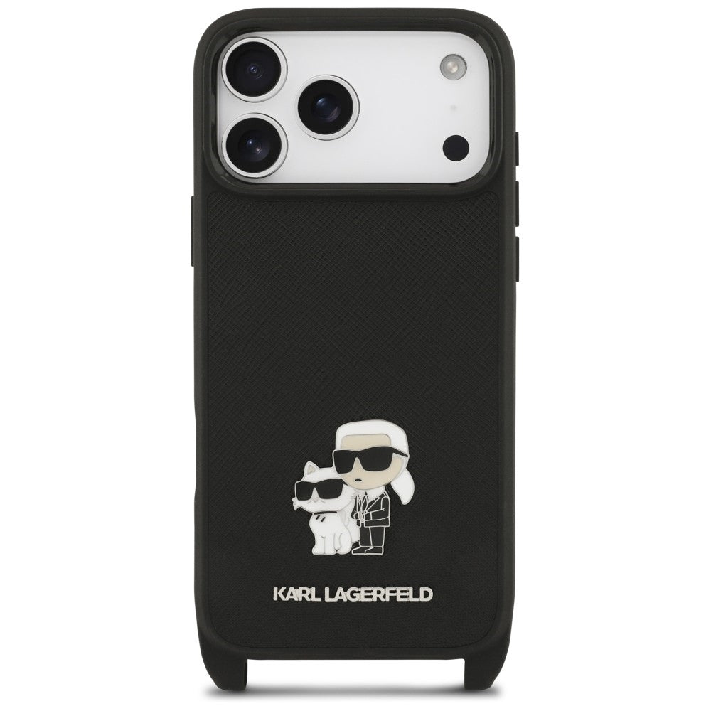 Ovitek za Apple iPhone 18 Pro / 17 Pro, Karl Lagerfeld, Saffiano Crossbody Metal Pin Karl & Choupette, črn