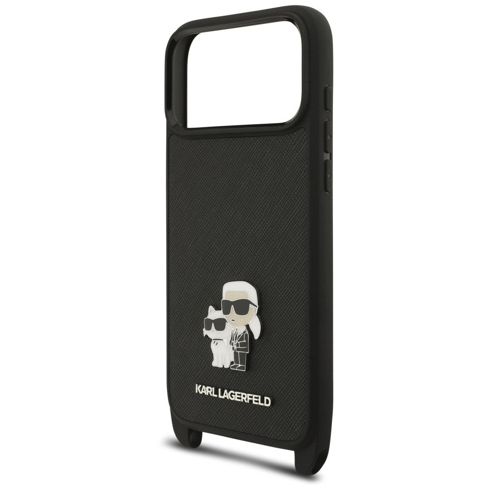 Ovitek za Apple iPhone 18 Pro / 17 Pro, Karl Lagerfeld, Saffiano Crossbody Metal Pin Karl & Choupette, črn