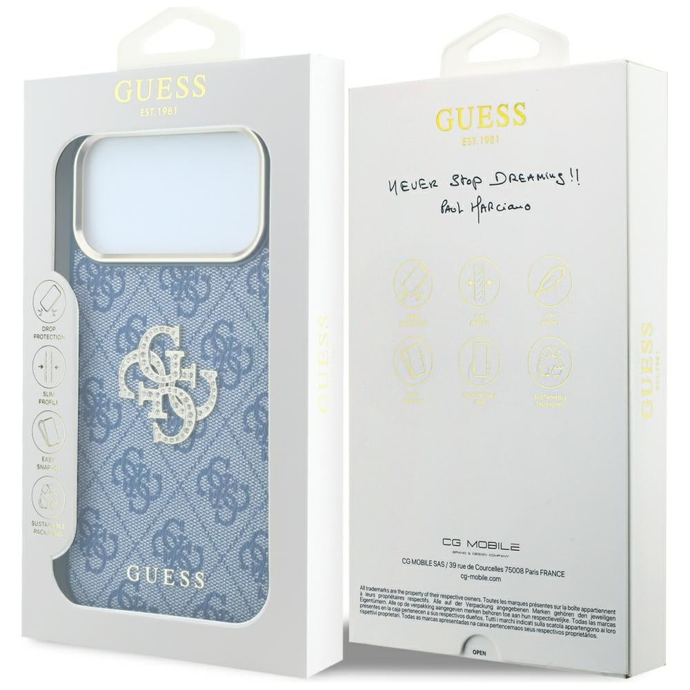 Ovitek za Apple iPhone 18 Pro Max / 17 Pro Max, Guess, 4G Big Strass Logo, Modra