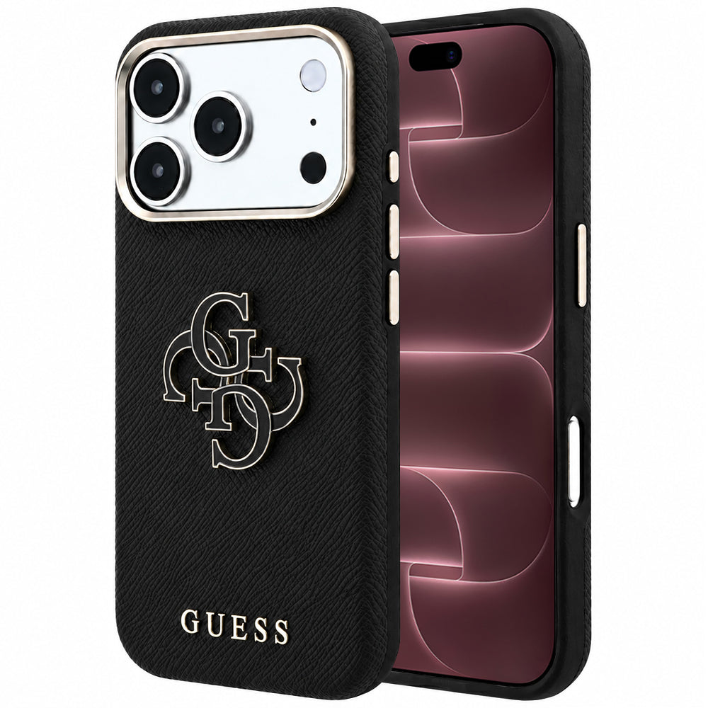 Ovitek za Apple iPhone 18 Pro Max / 17 Pro Max, Guess, zrnast velik smolni logotip, črn
