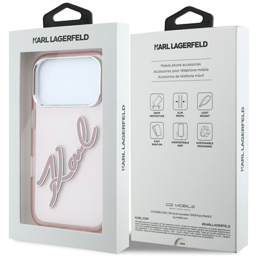 Ovitek za Apple iPhone 18 Pro Max / 17 Pro Max, Karl Lagerfeld, IML Big Signature Resin Logo Metal Frame, Roza