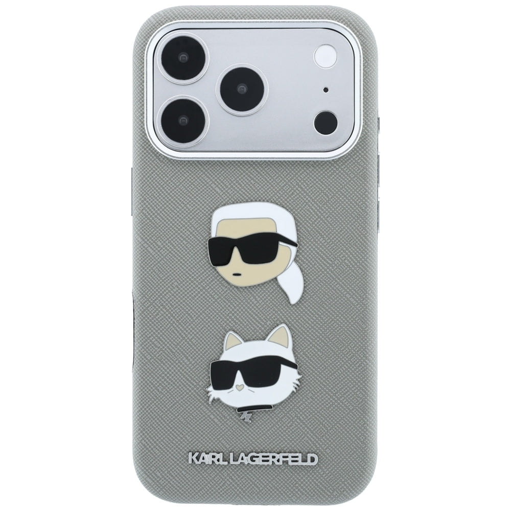Ovitek za Apple iPhone 18 Pro Max / 17 Pro Max, Karl Lagerfeld, Saffiano z značko z glavama Karla in Choupette ter logotipom, siv