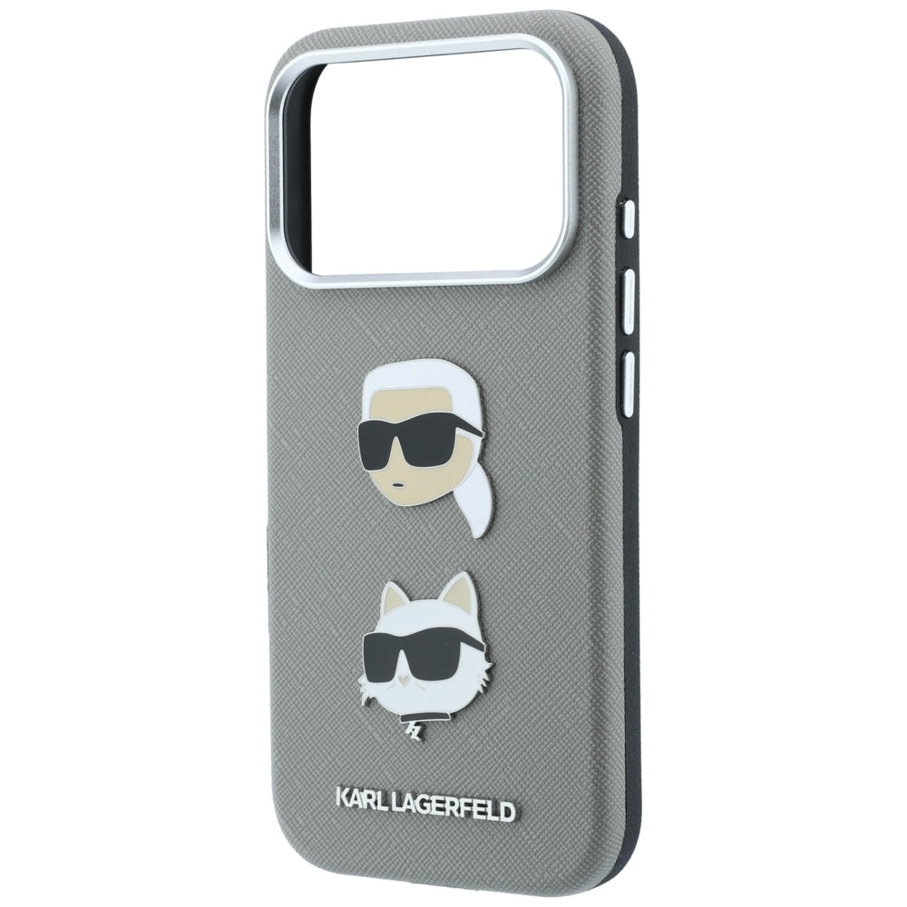 Ovitek za Apple iPhone 18 Pro Max / 17 Pro Max, Karl Lagerfeld, Saffiano z značko z glavama Karla in Choupette ter logotipom, siv
