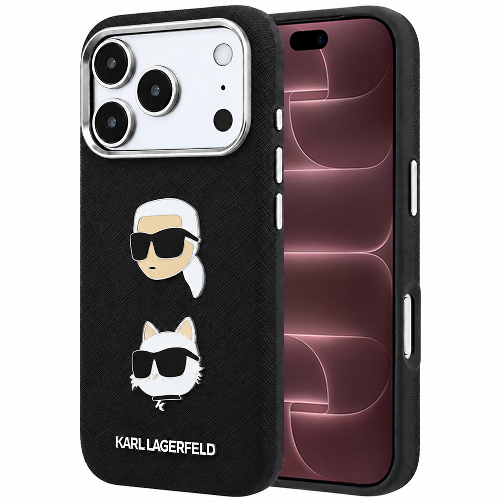 Ovitek za Apple iPhone 18 Pro Max / 17 Pro Max, Karl Lagerfeld, Saffiano s Karl & Choupette zatičem in logotipom, črn
