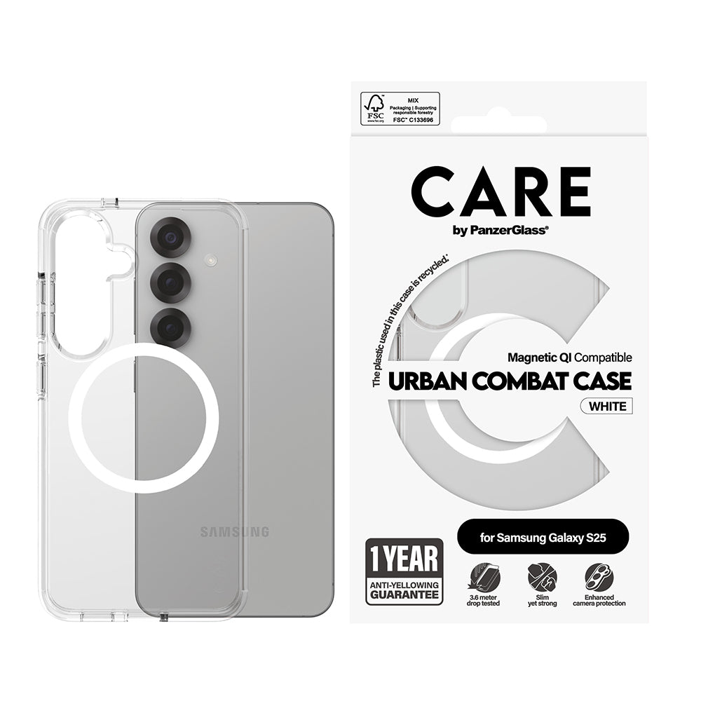 Ovitek za Samsung Galaxy S25 S931, PanzerGlass, Care Urban Combat, Prozorno Bel