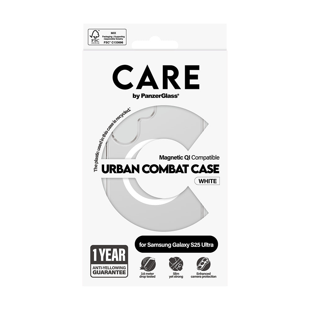 Ovitek za Samsung Galaxy S25 Ultra S938, PanzerGlass, Care Urban Combat, Prozorno Bel