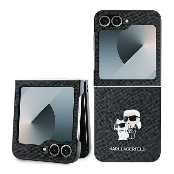 Ovitek za Samsung Galaxy Z Flip7 FE F761 / Z Flip6 F741, Karl Lagerfeld, Saffiano Karl & Choupette Metal, črn