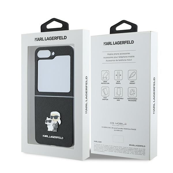 Ovitek za Samsung Galaxy Z Flip7 FE F761 / Z Flip6 F741, Karl Lagerfeld, Saffiano Karl & Choupette Metal, črn