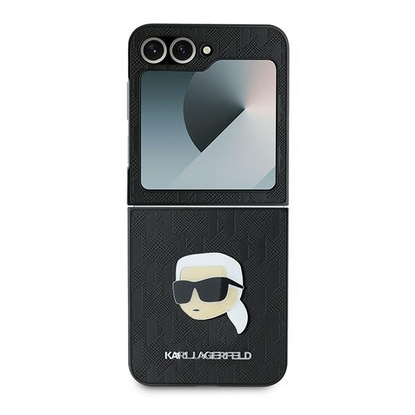 Ovitek za Samsung Galaxy Z Flip7 FE F761 / Z Flip6 F741, Karl Lagerfeld, Saffiano Monogram Karl's Head Metal, črn