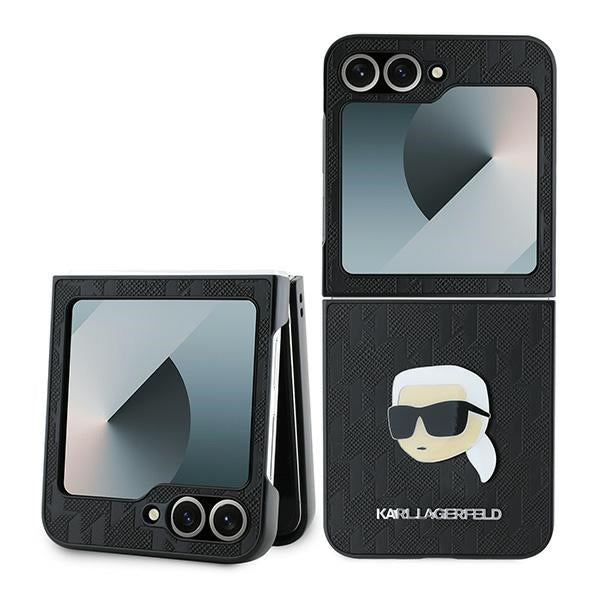 Ovitek za Samsung Galaxy Z Flip7 FE F761 / Z Flip6 F741, Karl Lagerfeld, Saffiano Monogram Karl's Head Metal, črn