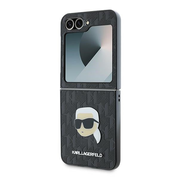 Ovitek za Samsung Galaxy Z Flip7 FE F761 / Z Flip6 F741, Karl Lagerfeld, Saffiano Monogram Karl's Head Metal, črn