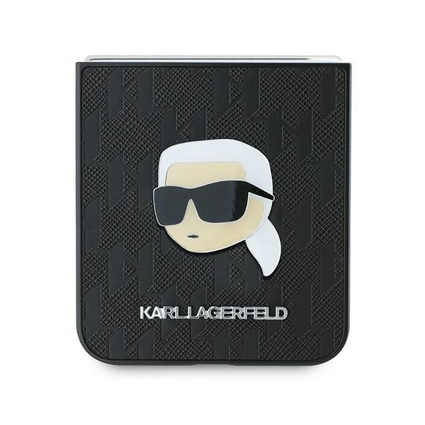 Ovitek za Samsung Galaxy Z Flip7 FE F761 / Z Flip6 F741, Karl Lagerfeld, Saffiano Monogram Karl's Head Metal, črn