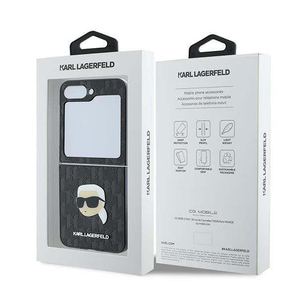 Ovitek za Samsung Galaxy Z Flip7 FE F761 / Z Flip6 F741, Karl Lagerfeld, Saffiano Monogram Karl's Head Metal, črn