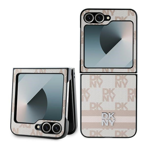 Ovitek za Samsung Galaxy Z Flip7 FE F761 / Z Flip6 F741, DKNY, potiskan vzorec karo črt, roza