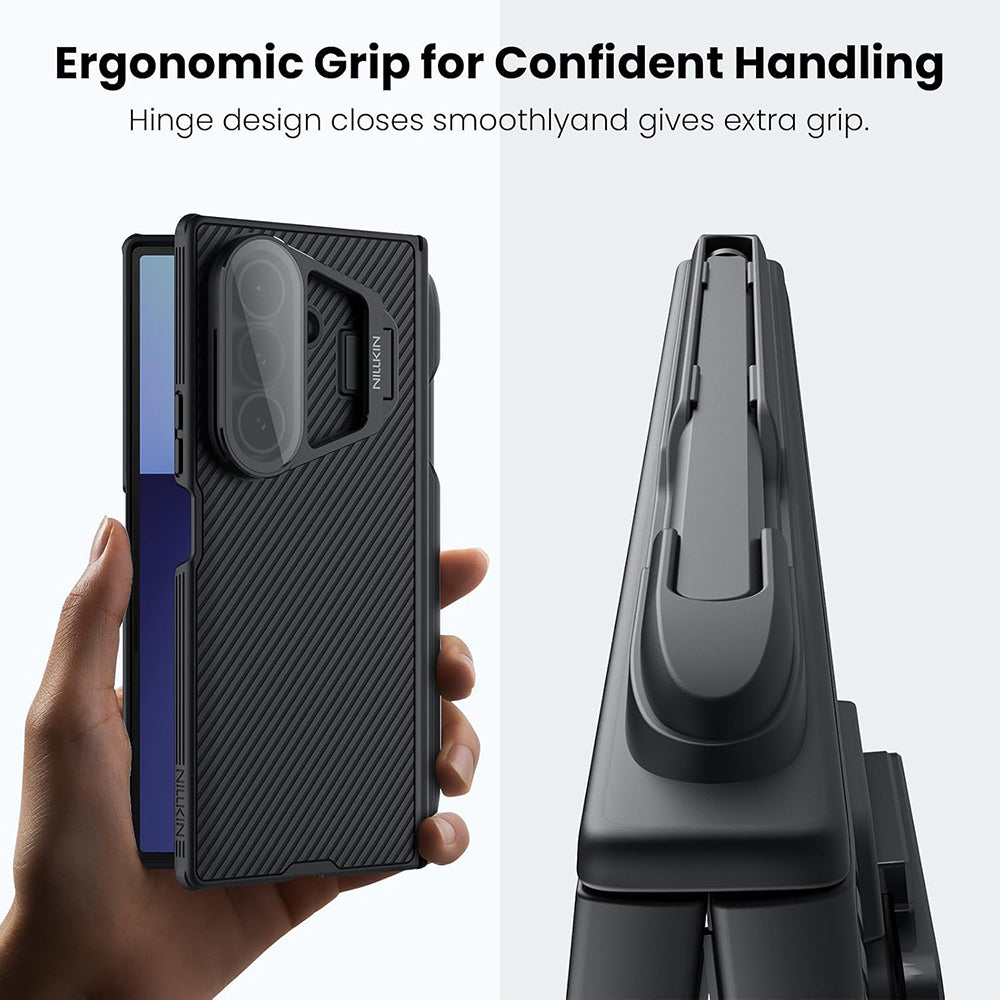 Ovitek za Samsung Galaxy Z Fold7 F966, Nillkin, CamShield Prop s prozornim pokrovom leče in držalom za S-Pen, črn