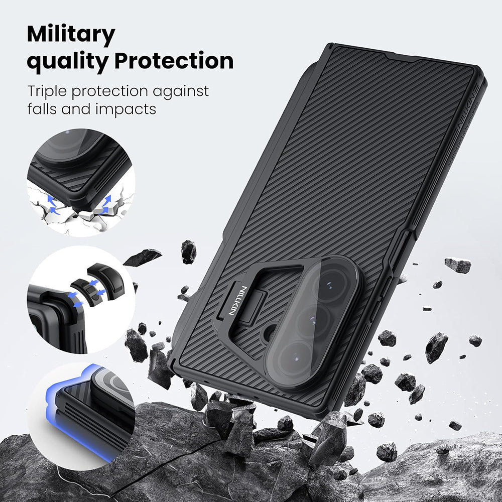 Ovitek za Samsung Galaxy Z Fold7 F966, Nillkin, CamShield Prop s prozornim pokrovom leče in držalom za S-Pen, črn