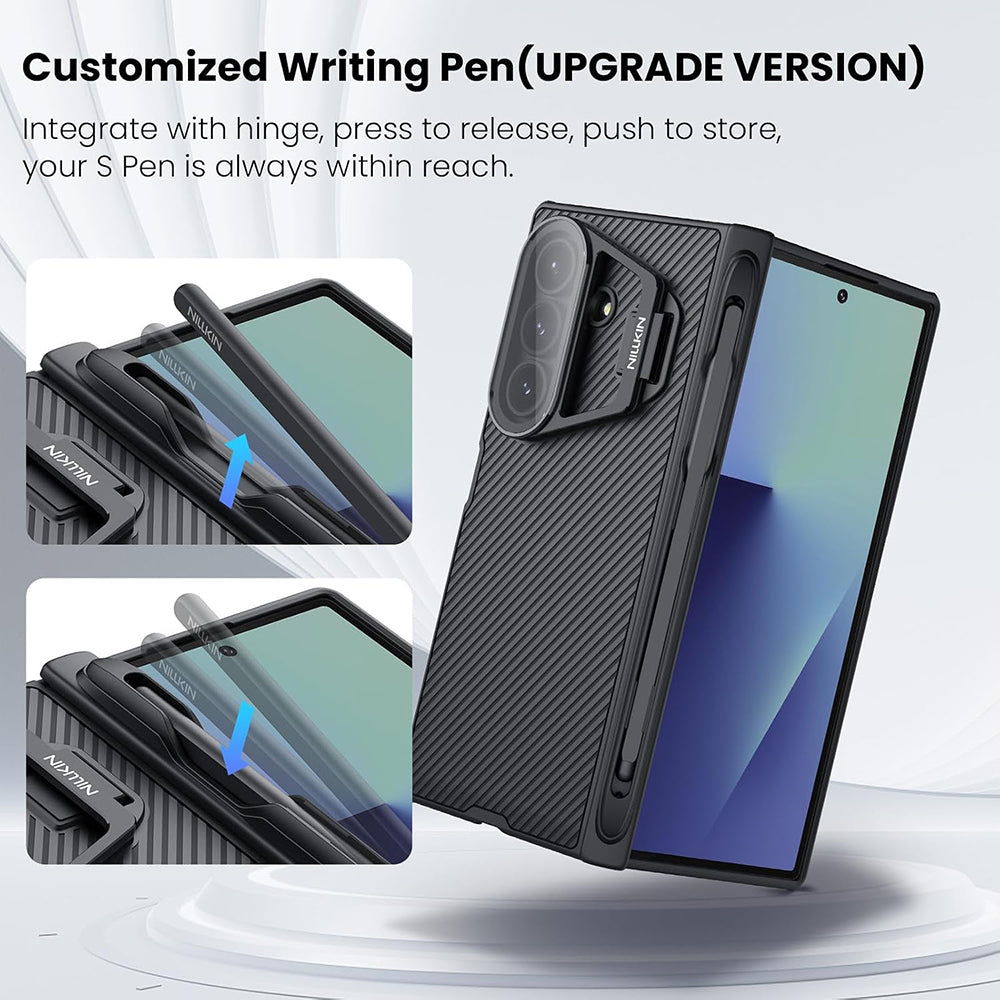 Ovitek za Samsung Galaxy Z Fold7 F966, Nillkin, CamShield Prop s prozornim pokrovom leče in držalom za S-Pen, črn
