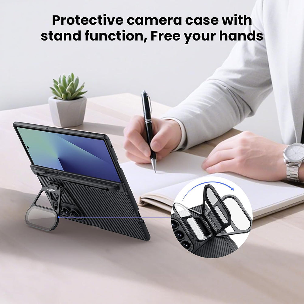 Ovitek za Samsung Galaxy Z Fold7 F966, Nillkin, CamShield Prop s prozornim pokrovom leče in držalom za S-Pen, črn