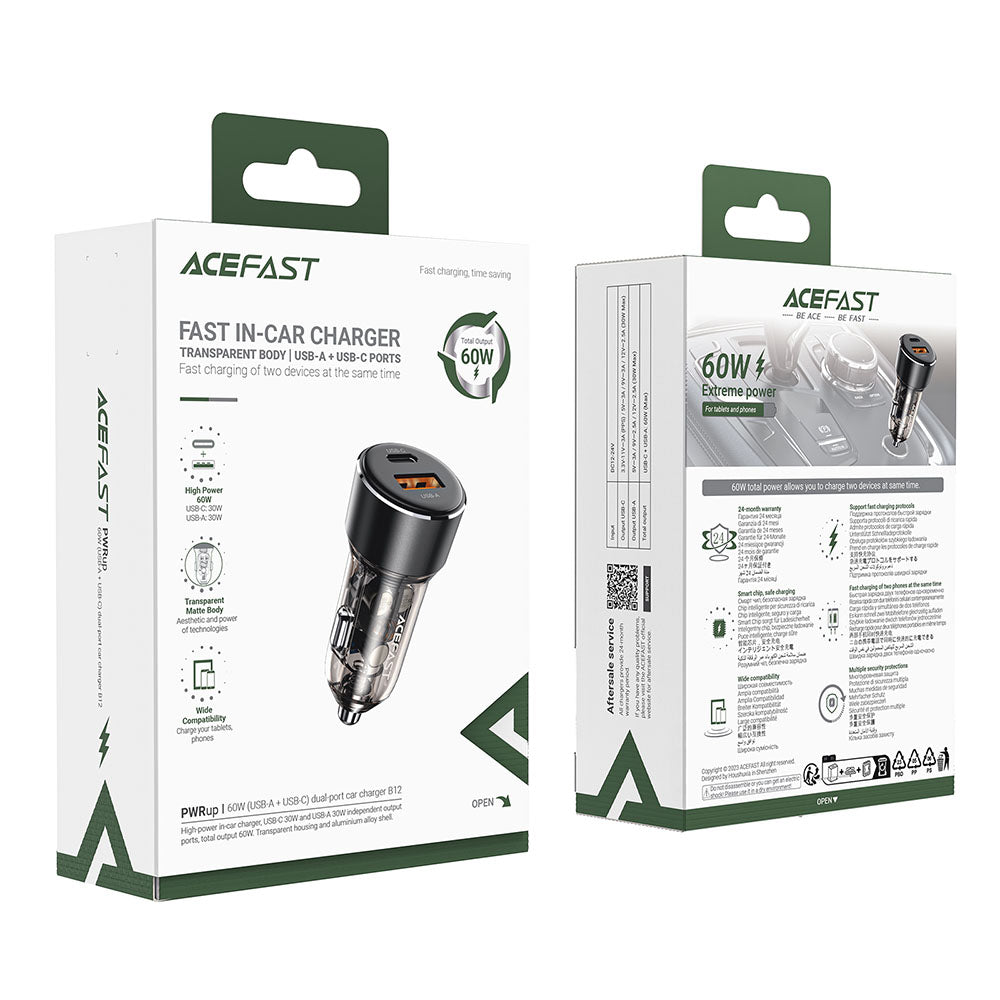 Avtomobilski polnilec Acefast B12, 60W, 3A, 1 x USB-A - 1 x USB-C, črn