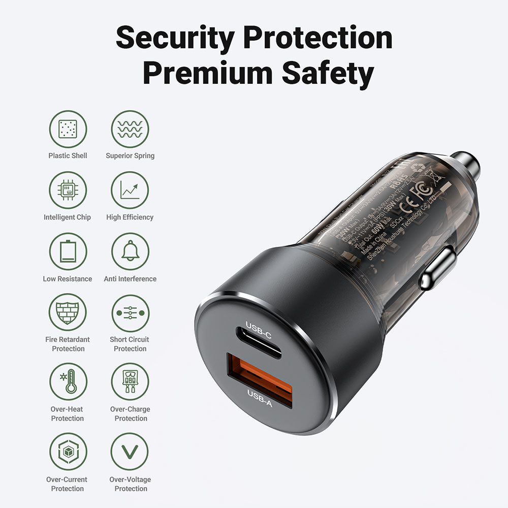 Avtomobilski polnilec Acefast B12, 60W, 3A, 1 x USB-A - 1 x USB-C, črn