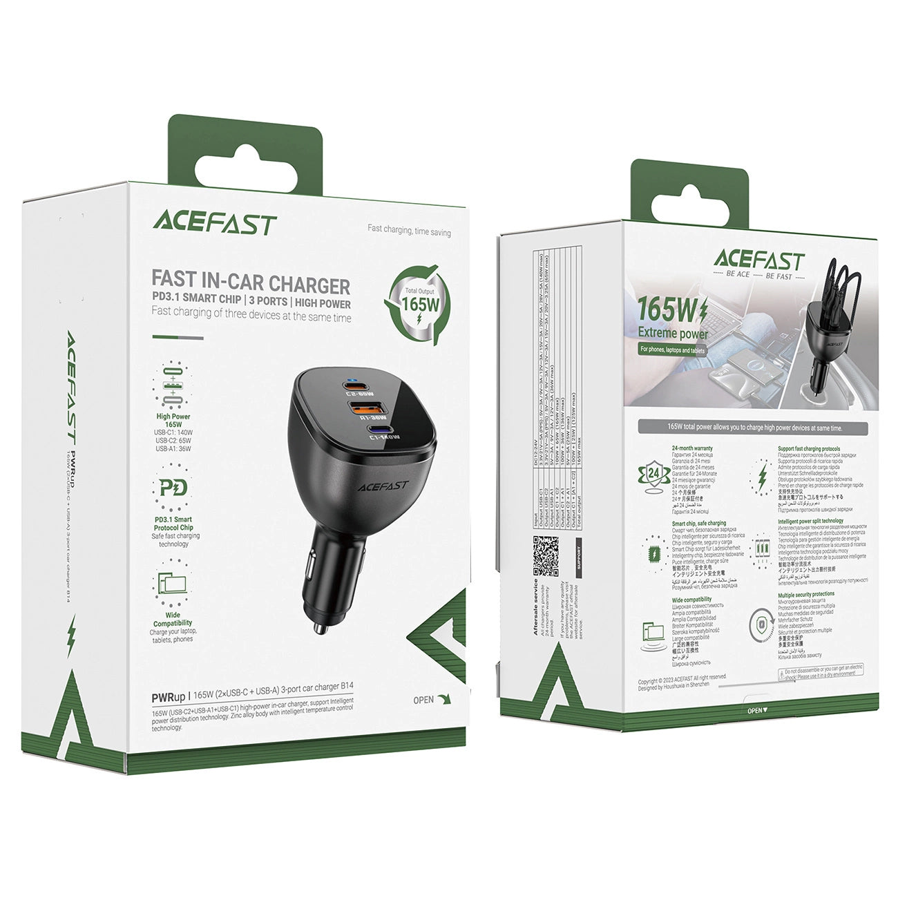 Avtomobilski polnilec Acefast B14, 165W, 5A, 1 x USB-A - 2 x USB-C, Črn