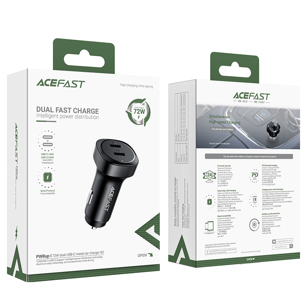 Acefast B2 Car Charger, 72W, 3A, 2 x USB-C, Black