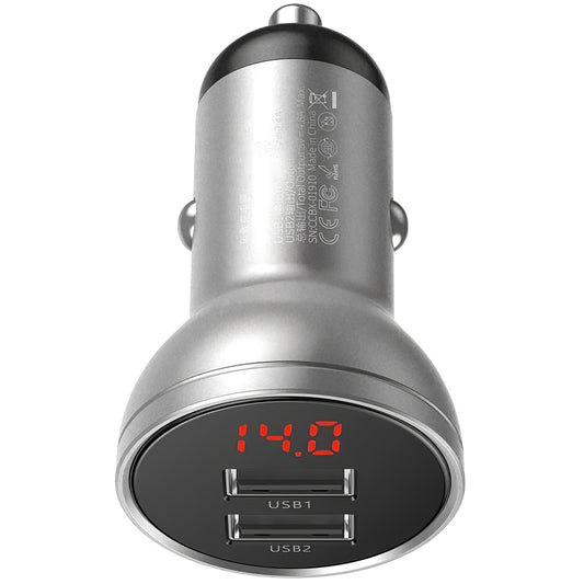 Avtomobilski polnilec Baseus z digitalnim zaslonom, 24 W, 2,4 A, 2 x USB-A, srebrn CCBX-0S