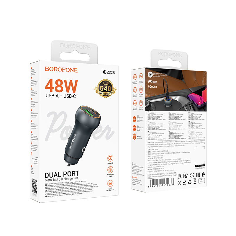 Avtomobilski polnilec Borofone BZ32B Fresh, 48W, 3A, 1 x USB-A - 1 x USB-C, Siv