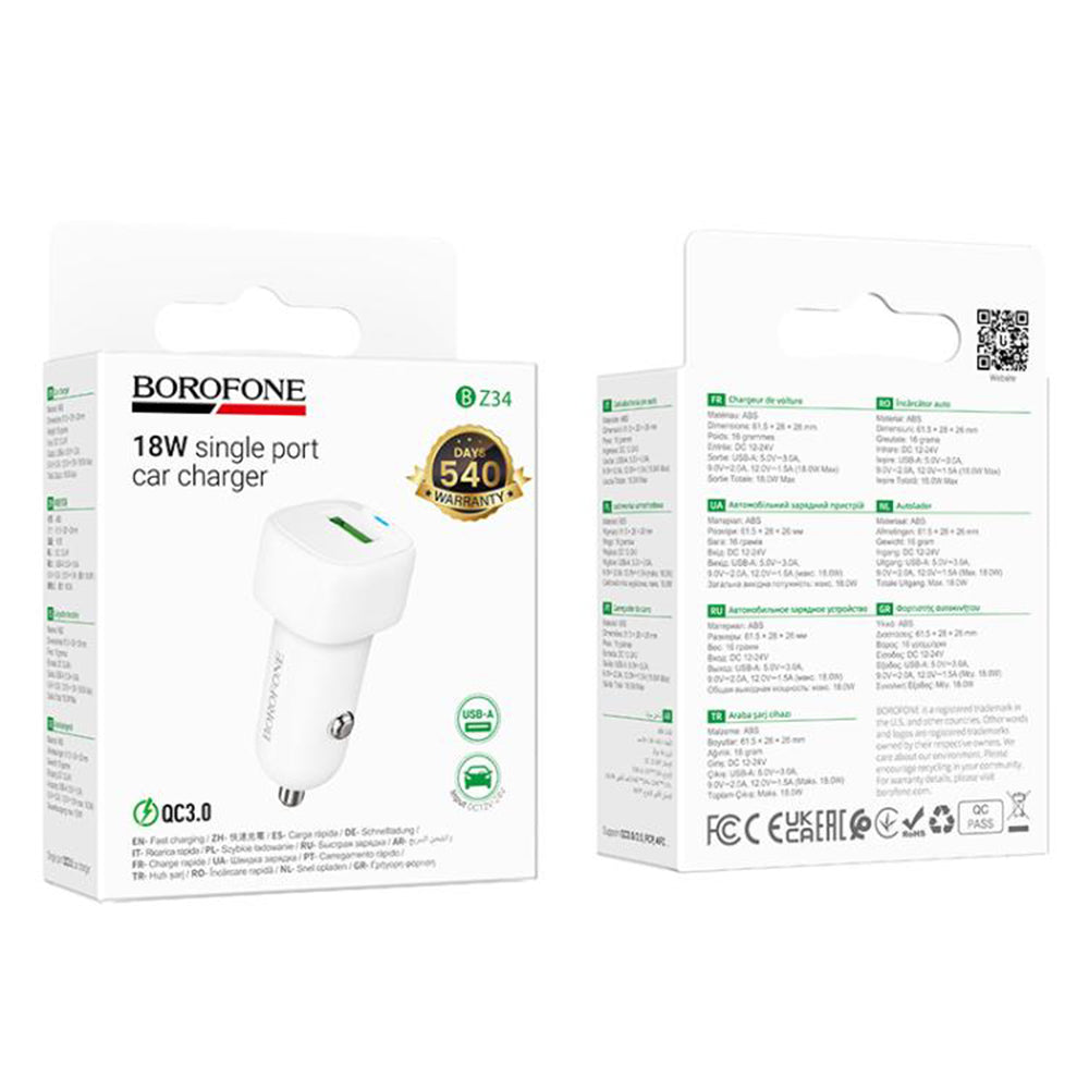 Avtomobilski polnilec Borofone BZ34 Cloud, 18W, 3A, 1 x USB-A, Bel